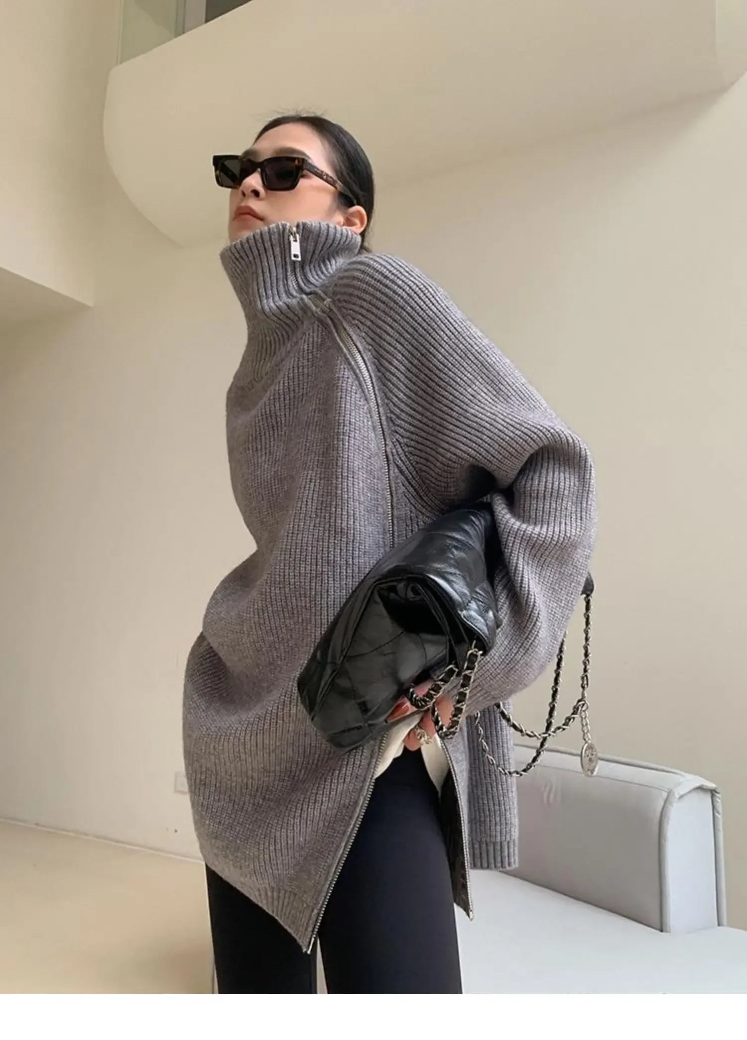 2023 Winter Women's Turtleneck Zipper Oversize Fashion Sweaters Autumn New Knitwears Loose Thick Warm High Neck Solid Pullovers - reetell