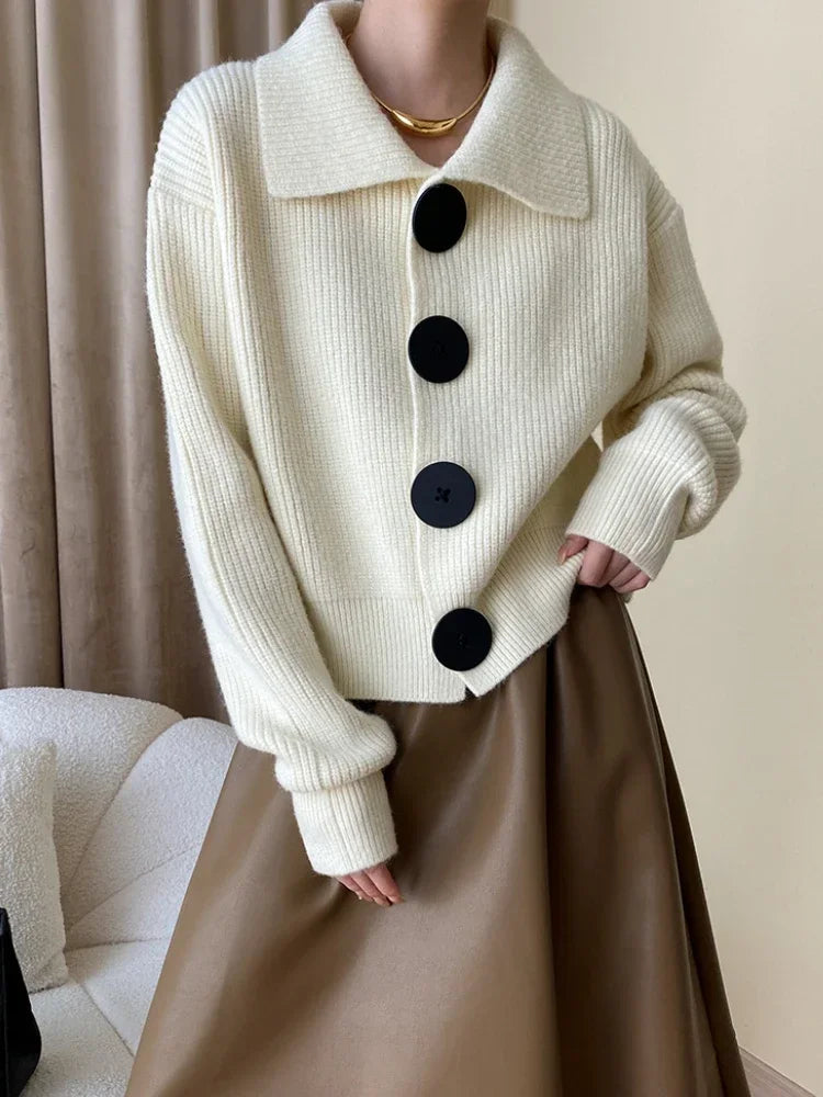 Fashion Big Button Cardigan for Women Loose Thickening Turn-down Collar Knit Sweater Autumn and Winter 2024 Grey Cardigan Coat - reetell