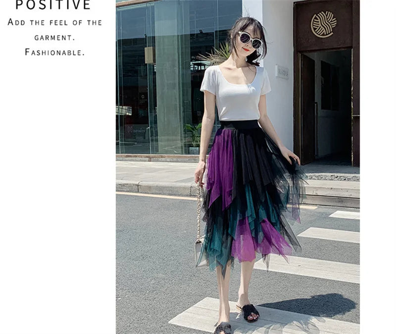 Fashion Summer Tutu Women Skirt Harajuku Tulle Bottom Faldas Casual High Waist Midi Mesh Skirts Woman Clothes Saia Jupe Femme - reetell