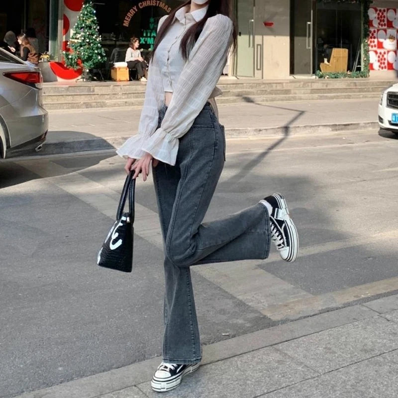 Vintage High Waist Flare Jeans High Street Women Boot Cut Denim Pant Slim Loose Korean Casual Button Up Zippers Gray Trousers - reetell