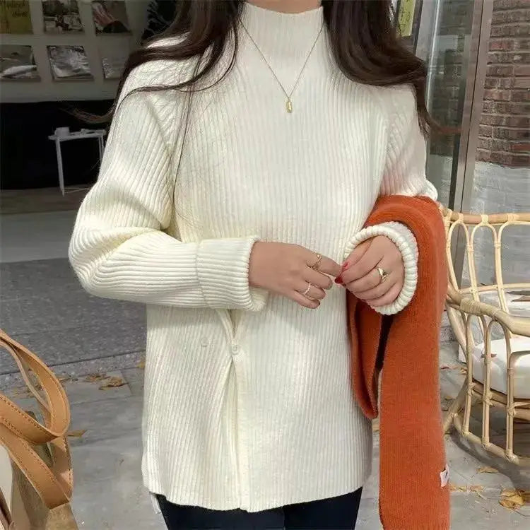 Women's Knit Sweater Off-white Loose Turtleneck Ladies PulloversButtons Slit Hot Sale Winter Offers Trend New Knitwear 2024 - reetell