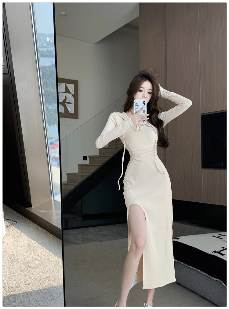 Autumn Fashion Solid Hooded Party Dresses for Women Elegant Birthday Evening Dress Female Sweatshirt Slit Midi Vestidos Mujer - reetell