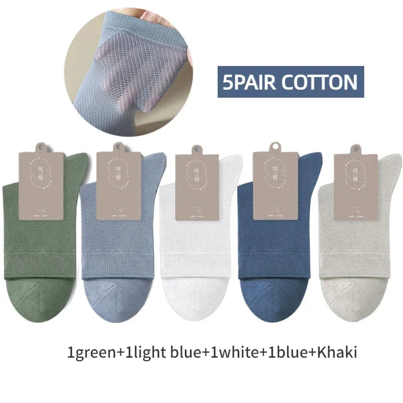 5 Pairs Men High Quality 96% Pure Cotton Socks Antibiosis Business Deodorant Sock Mesh Breathable Male Solid Color Casual Summer