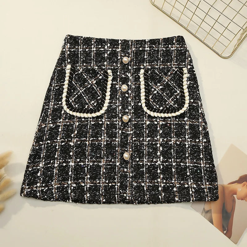 Fall Winter Plaid Tweed Skirt Womens Thick Woolen Pearl Button Front Pocket Glitter Mini Skirt Saia Feminina - reetell