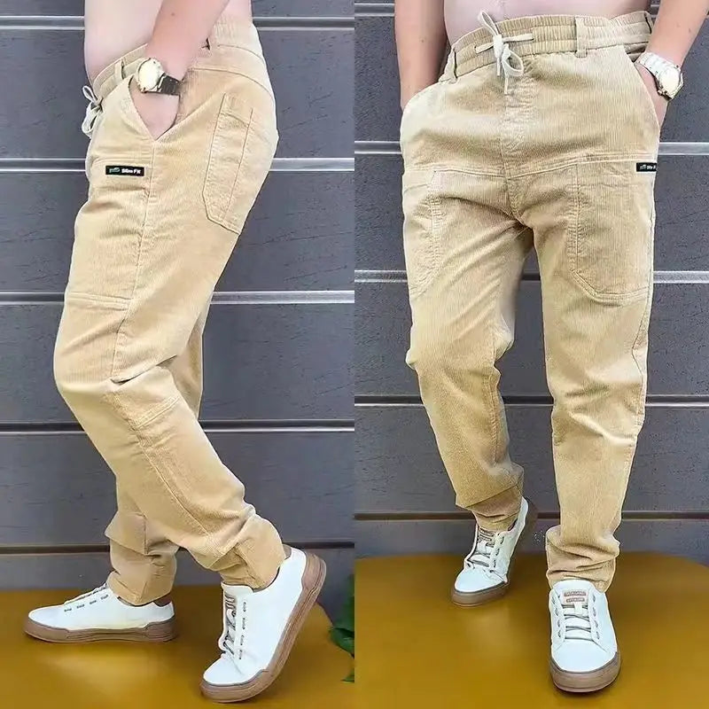 Corduroy Cargo Trousers Men's Simple Loose American Retro Casual Elastic Work Splicing Multiple Pockets Rib Leg Jogging Pants - reetell