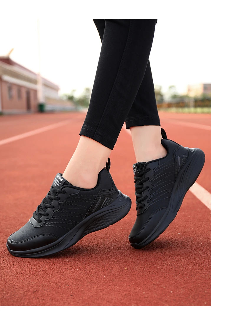 Waterproof Leather Chunky Sneakers for Women, Running Shoes, Casual Sports Shoes, Black Trainers, Autumn, Spring