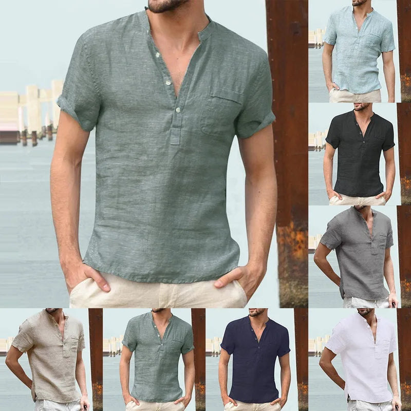 High Quality New Men'S Linen V Neck Bandage T Shirts Male Solid Color Long Sleeves Casual Cotton Linen Tshirt Tops