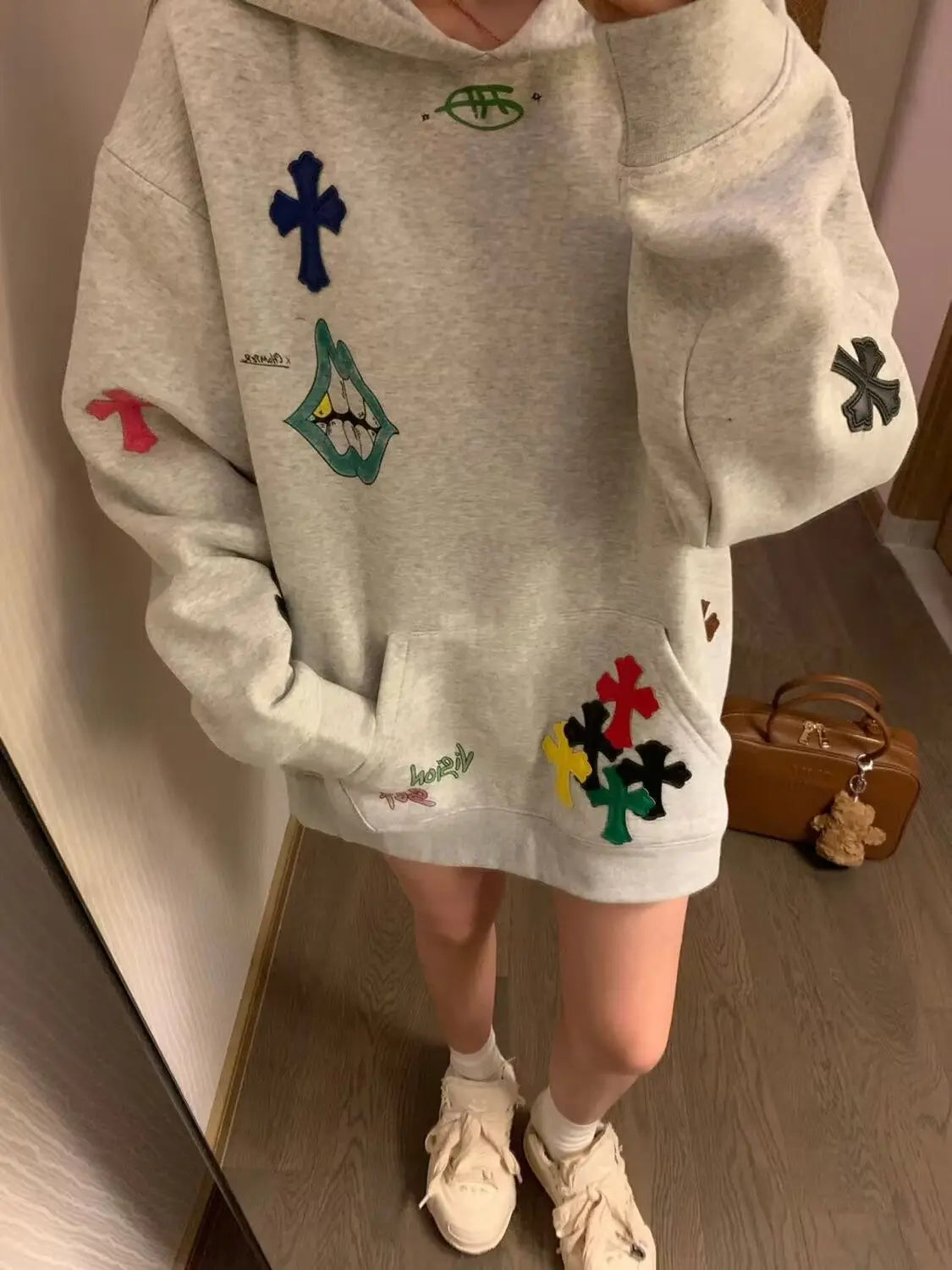 Hoodie Embroidered Colorful Cross Spring And Autumn Women'S 2024 New Popular Lazy Style Loose Plus Velvet Pullover Sweatshirt - reetell