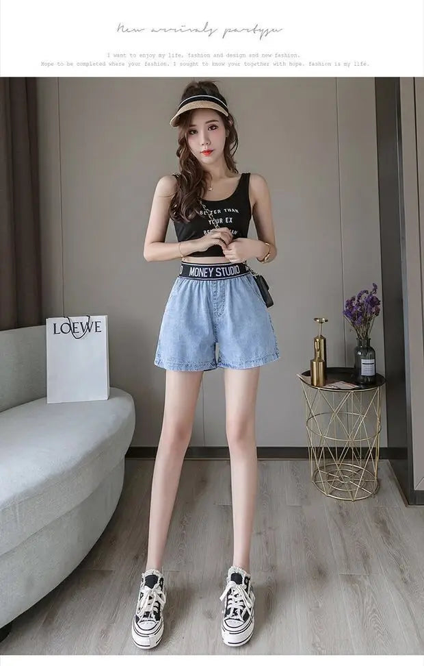 2023 New Elastic Waist Denim Shorts Women's Summer High Waist New Versatile Casual Loose Simple Academy Style - reetell