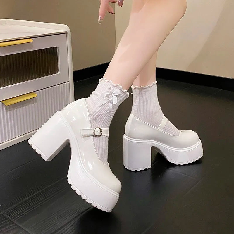 Fashion White Platform Pumps for Women Super High Heels Buckle Strap Mary Jane Shoes Woman Goth Thick Heeled Party Shoes Ladies