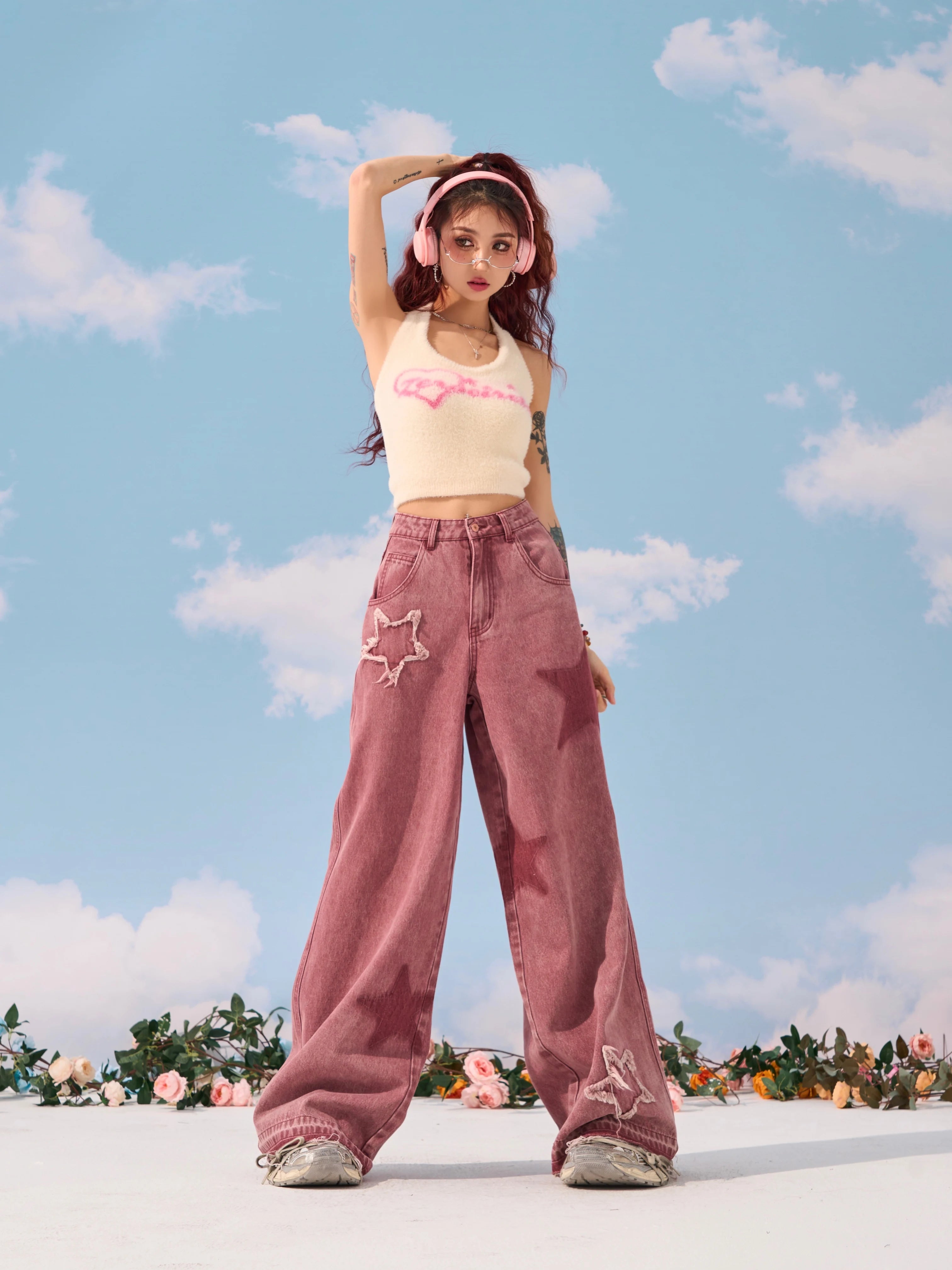 Pink Star Straight Leg Jeans Women's Summer Design Feel Y2K Loose and Slim Wide Leg Casual Pants - reetell