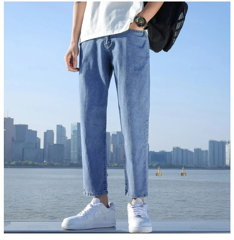 2024 New Men's Stretch Ankle Length Jeans Light blue Fashion Casual Cotton Slim Fit Denim Pants Korean Trousers Male Brand Cloth - reetell