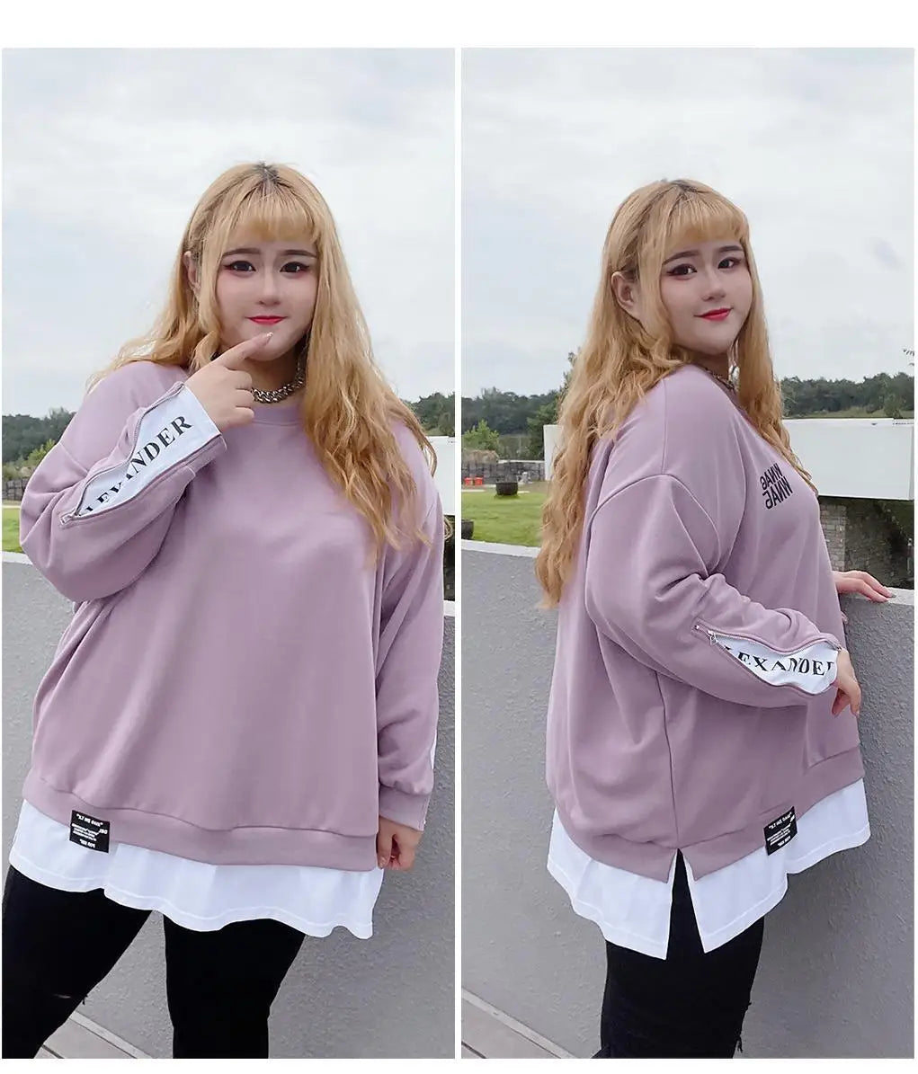 Spring Autumn New Korean Fashion Two Fake Pieces Plus Size Sweatshirt Women Letter Patchwork Casual Lady Tops Oversized Clothes - reetell