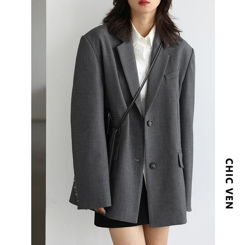 CHICVEN  Women Office Lady Blazer Cuff Embroidery Wide Shoulder Twill Suit Women's Autumn Ladies Outerwear  Stylish Tops - reetell