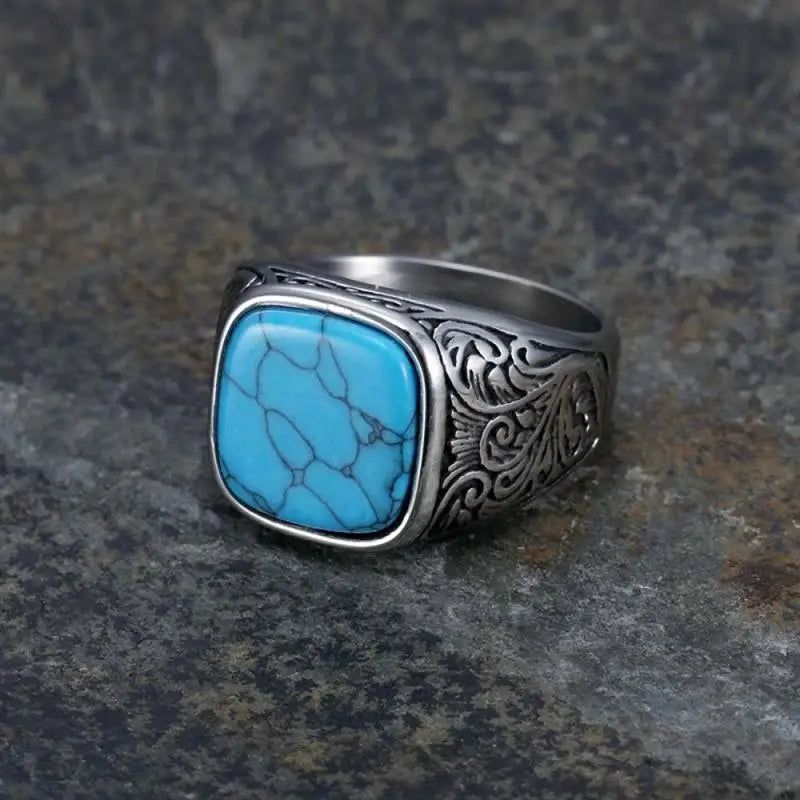 Fashion Square Turquoise Stone Men Ring Vintage Titanium Stainless Steel Seal Rings Punk Hiphop Male Finger Jewelry Gift