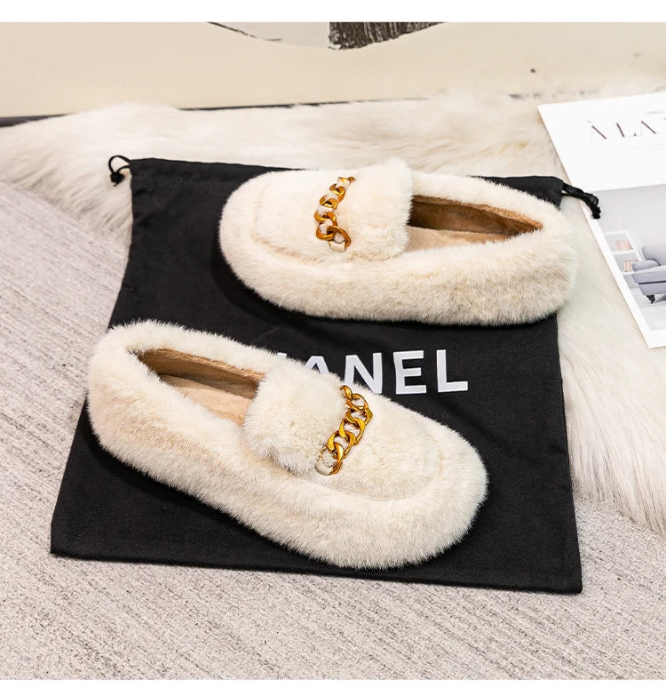 2023 winter women's outdoor plush warm shoes british style metal chain decoration snow boots boat shoes Ladies' casual flats - reetell