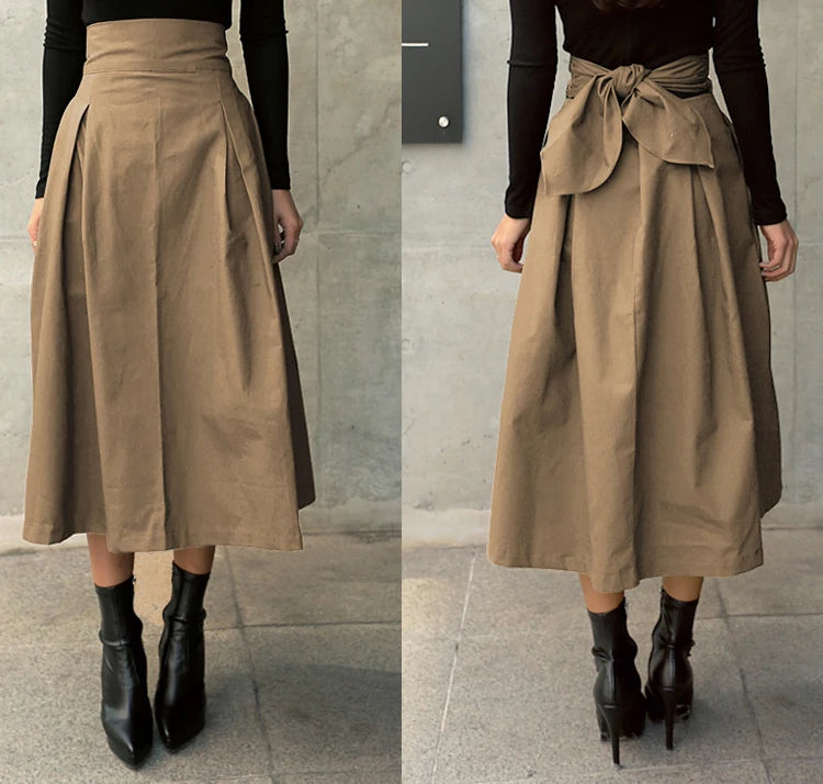 Skirts Womens Korean Fashion Solid Color Big Swing Ladies Skirt Long Skirt 2022 Autumn Wild High Waist Bow Slim Skirts - reetell