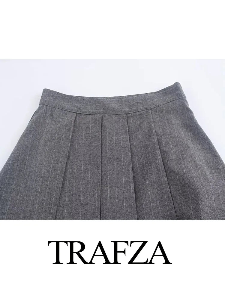 TRAFZA Women Winter High Waist Patchwork Splice Lace Decoration Wide Pleated Midi Skirt Female Zipper Pinstripe Skirts Mujer - reetell