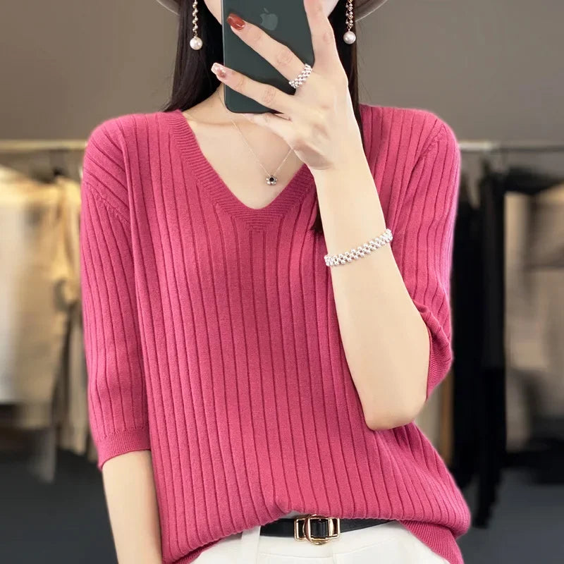 Women Sweater Short Sleeve V-neck Stripe Knitwears Slim Fit Shirt Korean Fashion Pullovers Thin Knit Tops 2024 Bottoming Shirts - reetell