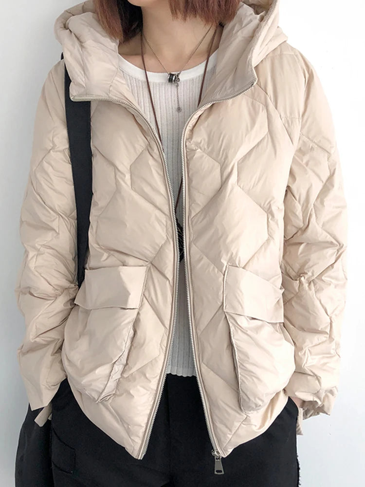 Fitaylor Winter Women White Duck Down Coat Casual Loose Solid Light Down Outwear Female Hooded Zipper Puffer Parka Jacket