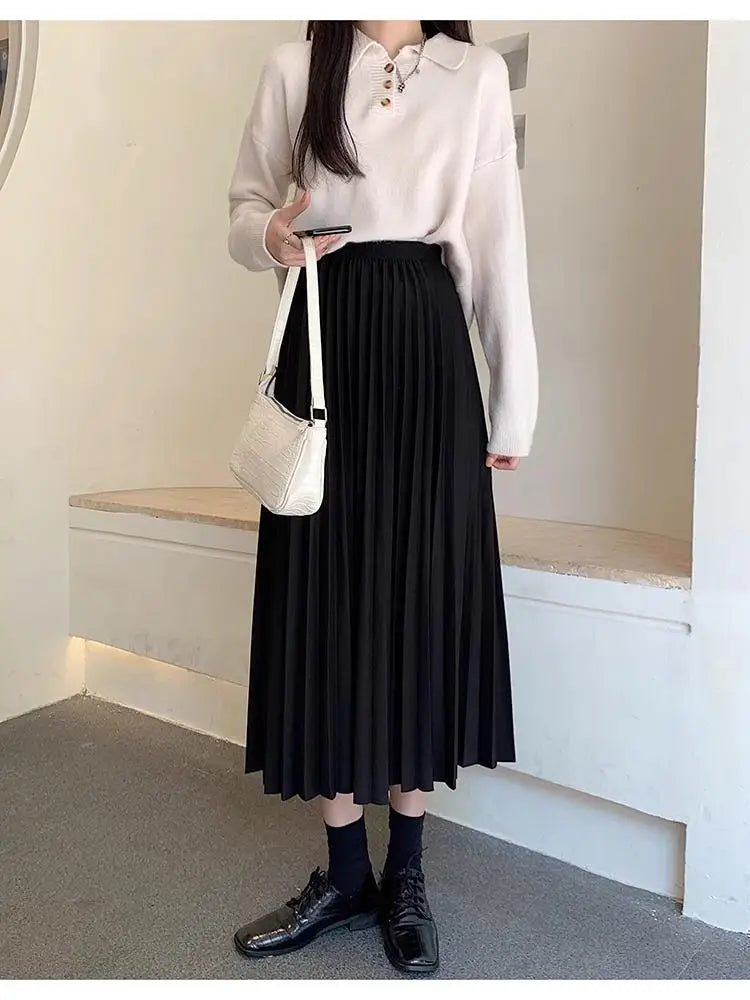 2023 Women Elegant Pleated Skirt High Waist Women Mid-long Skirt Female Ladies High Quality Women Midi Skirt Black Saia - reetell