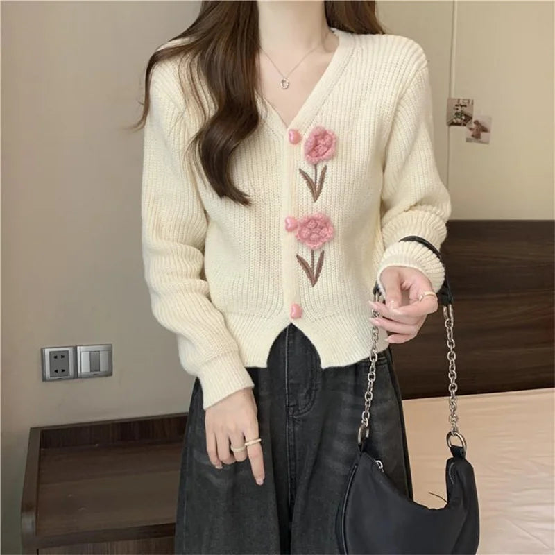 Heavy Industry Beautiful Flowers Knitted Cardigan Sweater Women Slim In Autumn And Winter With Small Cardigan V-neck Short Coat - reetell