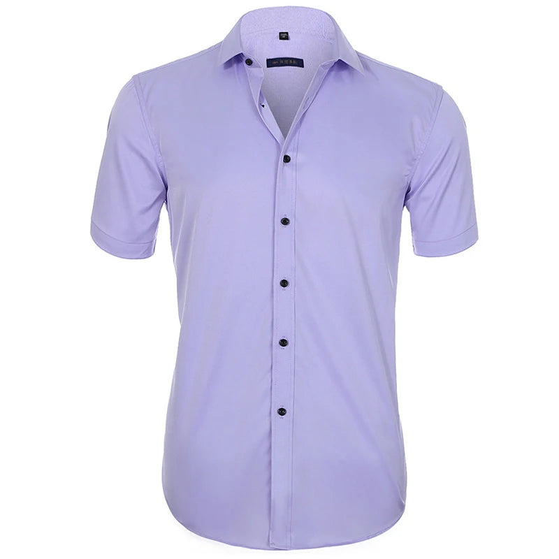 Anti-Wrinkle Stretch Slim Elasticity Fit Male Dress Business Basic Casual Short Sleeved Men Social Formal Shirt Oversized