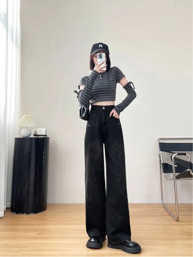 Spring Autumn Black Straight Solid Color Casual Loose Baggy Jeans Women High Waist Wide Leg Y2K Aesthetic Denim Pants Streetwear - reetell