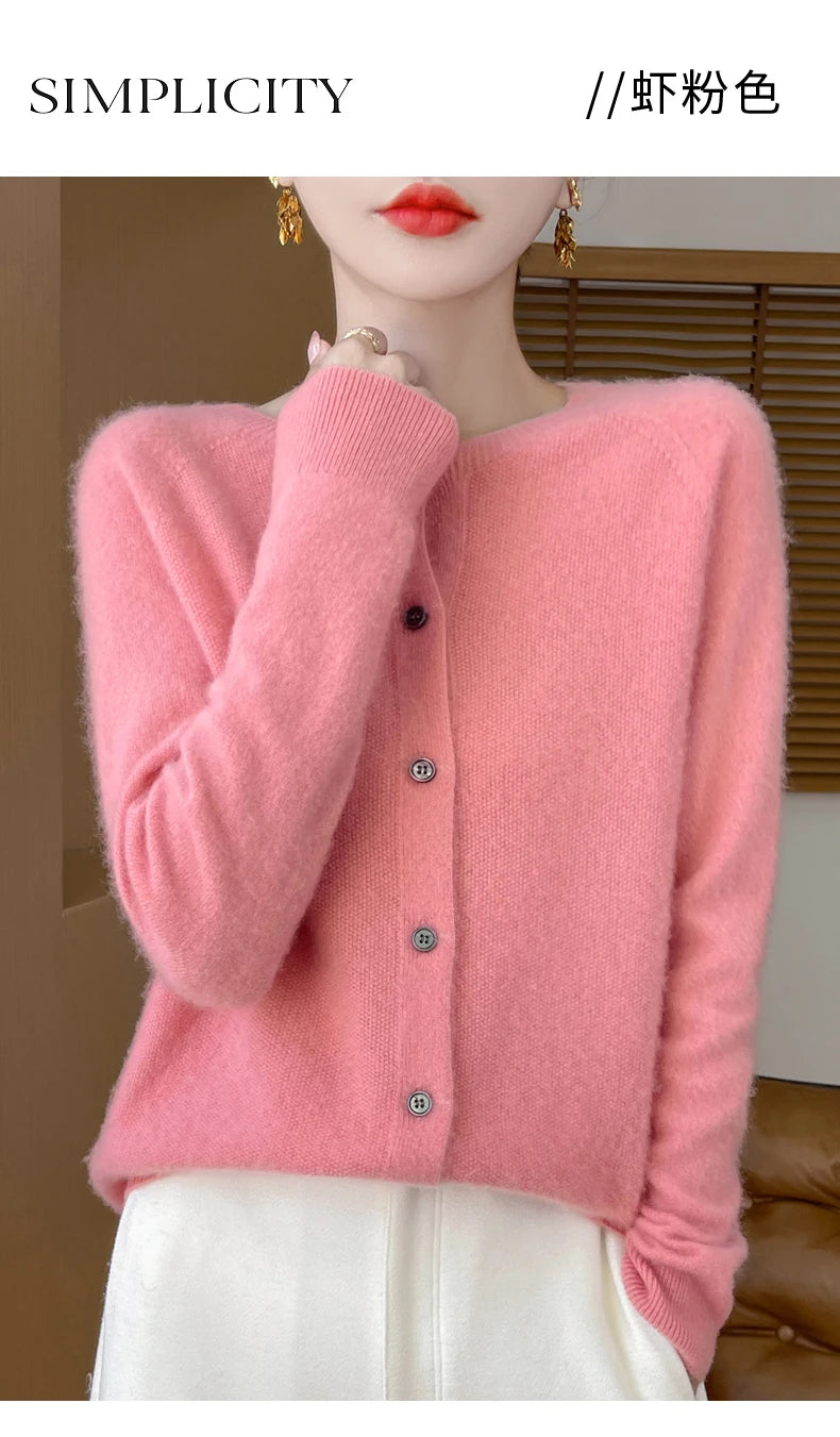 100% Merino Wool Long Sleeve Sweaters Cashmere Cardigan Spring Autumn Women O-Neck Knitwear Tops Clothing Fashion Basic Tops - reetell