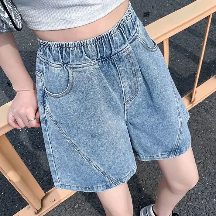 Big Size Denim Shorts Quarter Trousers A Wide Leg Loose High Waist Skinny Students Fattening Women Pocket Splicing Stripe - reetell