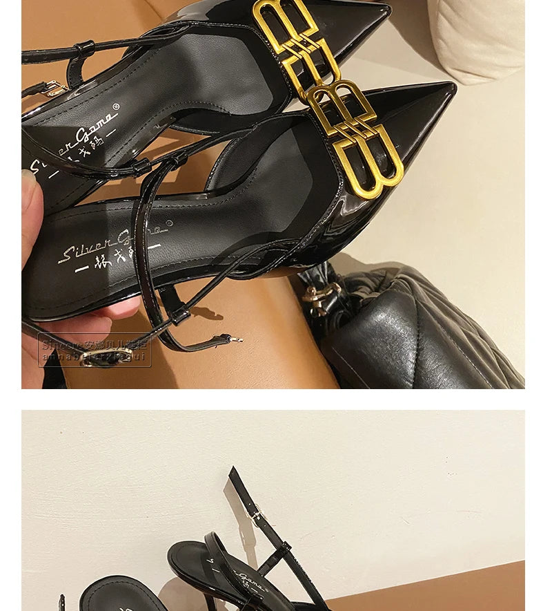 2024 New Pointed Black High Heels, Women's Thin Heels, Water Diamonds, One Line with Baotou Sandals and Button Single Shoes - reetell