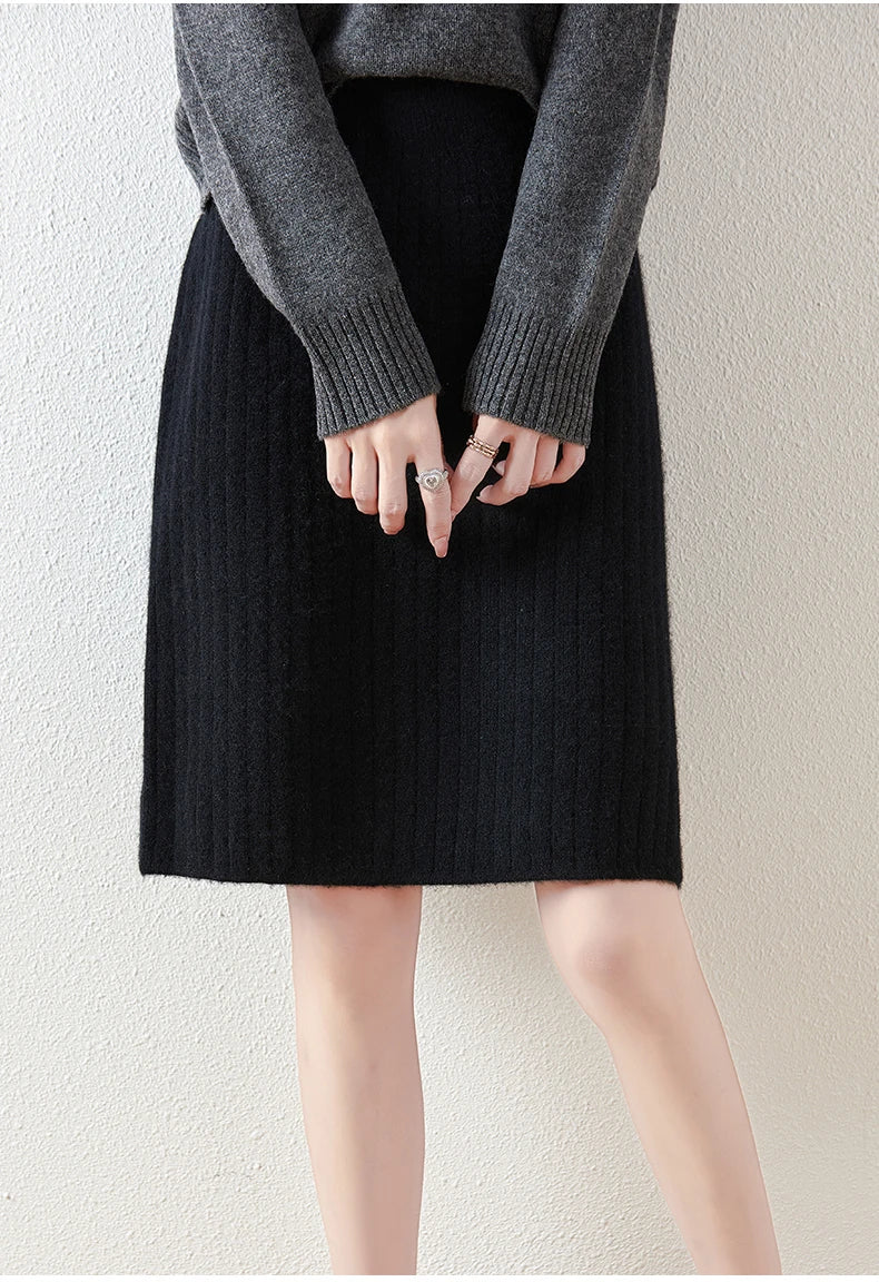 Women's Knitted Skirt 100% Merino Wool Sheath Skirt Solid Color Autumn/Winter Fashion Vertical Strip Wrap Hip Skirt Split Skirt - reetell