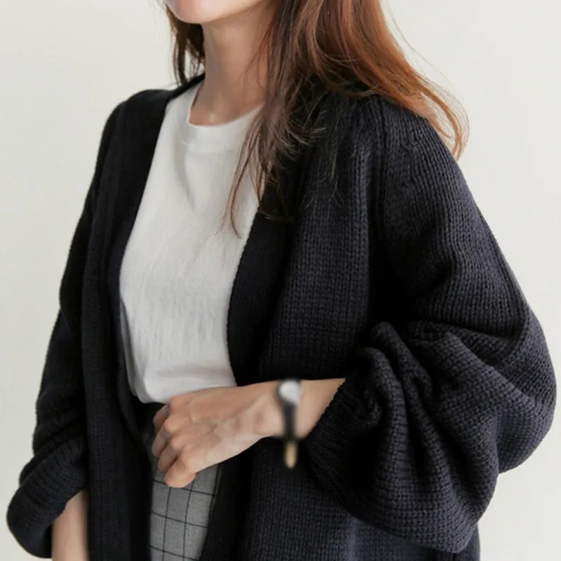 Autumn Winter Loose Women's Cardigan Jacket Solid Color Korean Version Fashion Casual Short Style Knitted Long-Sleeved Cardigan - reetell