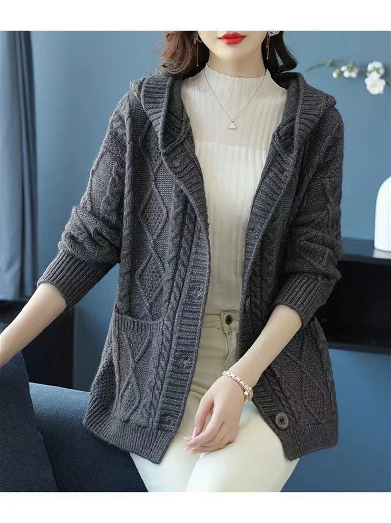 Hooded Sweater Spring And Autumn Mother Sweater Jacket Female Jacket 2023 New Loose Pocket Zipper Knitted Cardigan Mom HoodyCoat - reetell