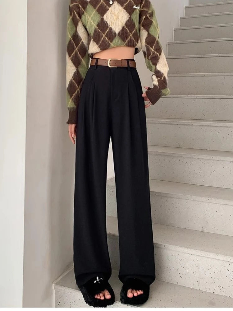 Fashion High Waist Wide Leg Pants Women Spring Fall Baggy Black Trouser Office Ladies Full Length Straight Suit Pant Outwear New - reetell