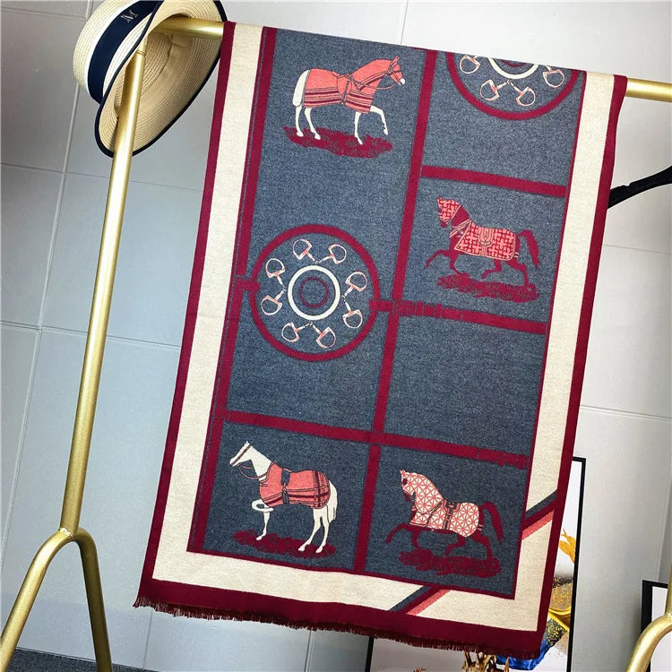 Women's Autumn Winter Horse Pattern Scarf New Luxury Cashmere Feeling Large Blanket Wrap Soft Warm Brand Shawl Retro & Classical - reetell