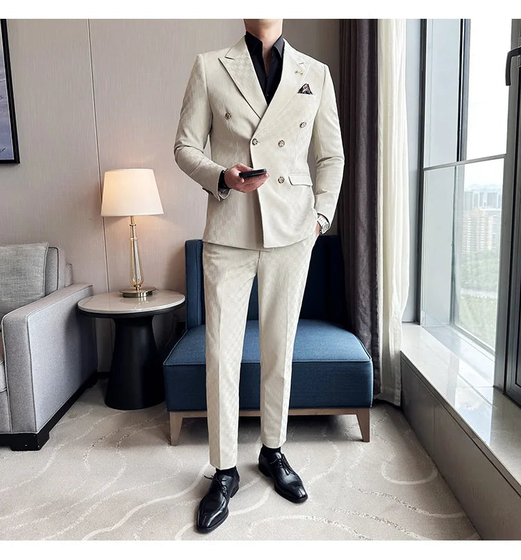 (Jacket+Pants) 2 Pieces Blue Apricot Business Party Men Suits Double Breasted Formal Style Custom Made Wedding Groom Tuxedos - reetell