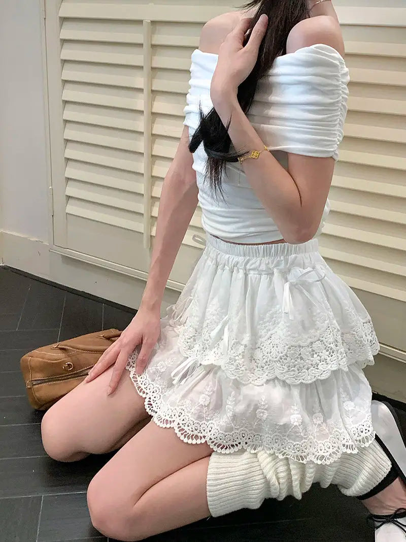 Deeptown Coquette White Lace Short Skirt Ruffle Women Sweet Bow Kawaii Mini Skirts Patchwork Layered A-line Aesthetics Skirt - reetell