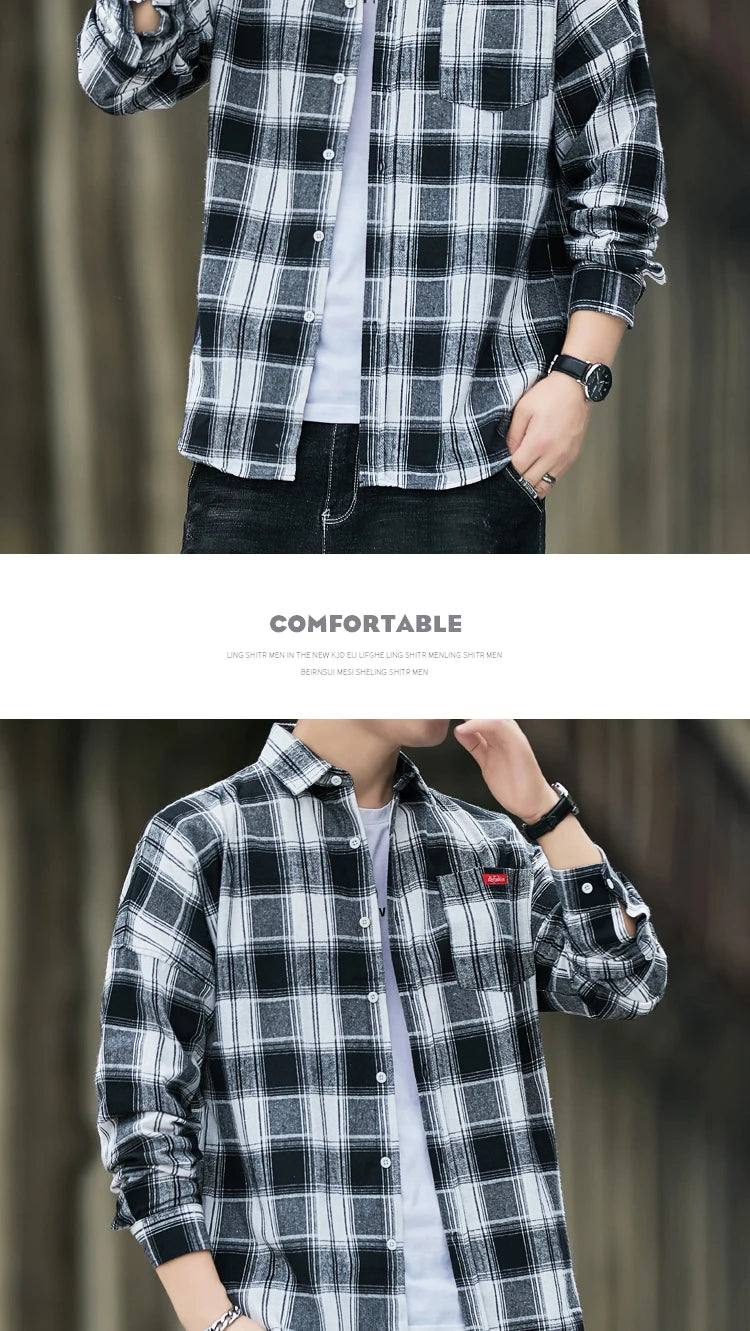 Autumn New Casual Men's Flannel Plaid Shirt Brand Male Business Office Red Black Checkered Long Sleeve Shirts Clothes