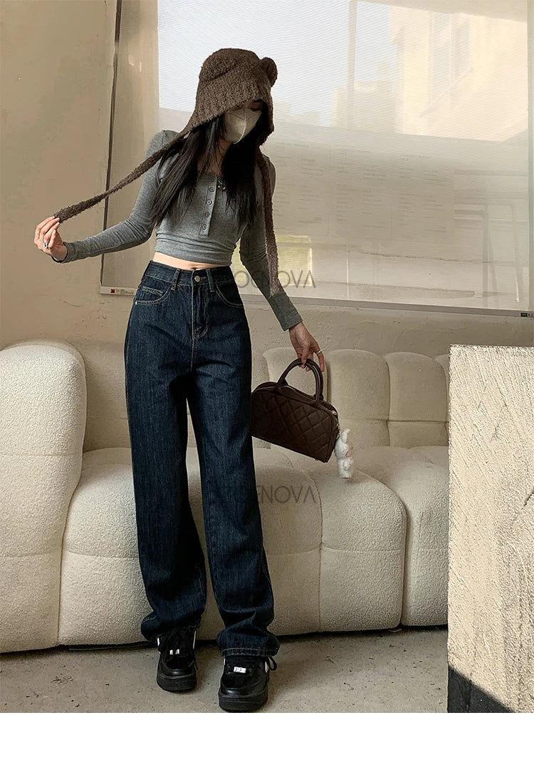 ZOENOVA High Waist Straight Women's Jeans 2024 Spring Korean Fashion Ladies Simple Versatile Loose Dark Blue Wide Leg Trousers - reetell