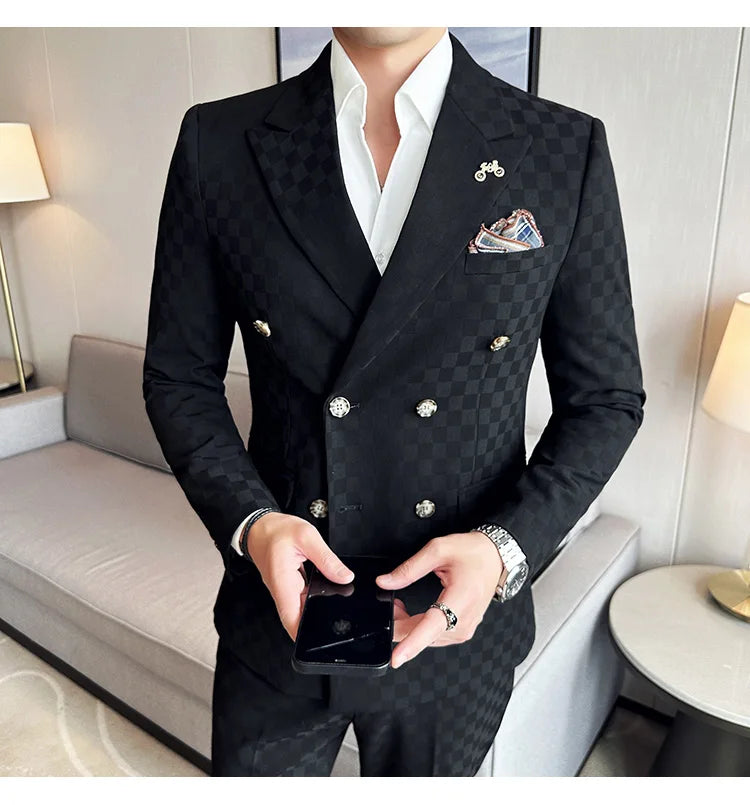 (Jacket+Pants) 2 Pieces Blue Apricot Business Party Men Suits Double Breasted Formal Style Custom Made Wedding Groom Tuxedos - reetell