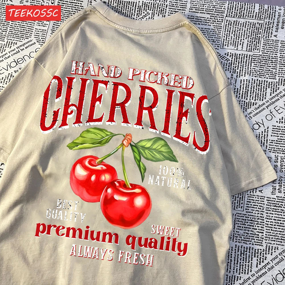 Fashion Cotton Women'S T-Shirts Hand Picked Cherries Printing Tops Oversize Crewneck Soft Short Sleeve Street Female Clothes - reetell