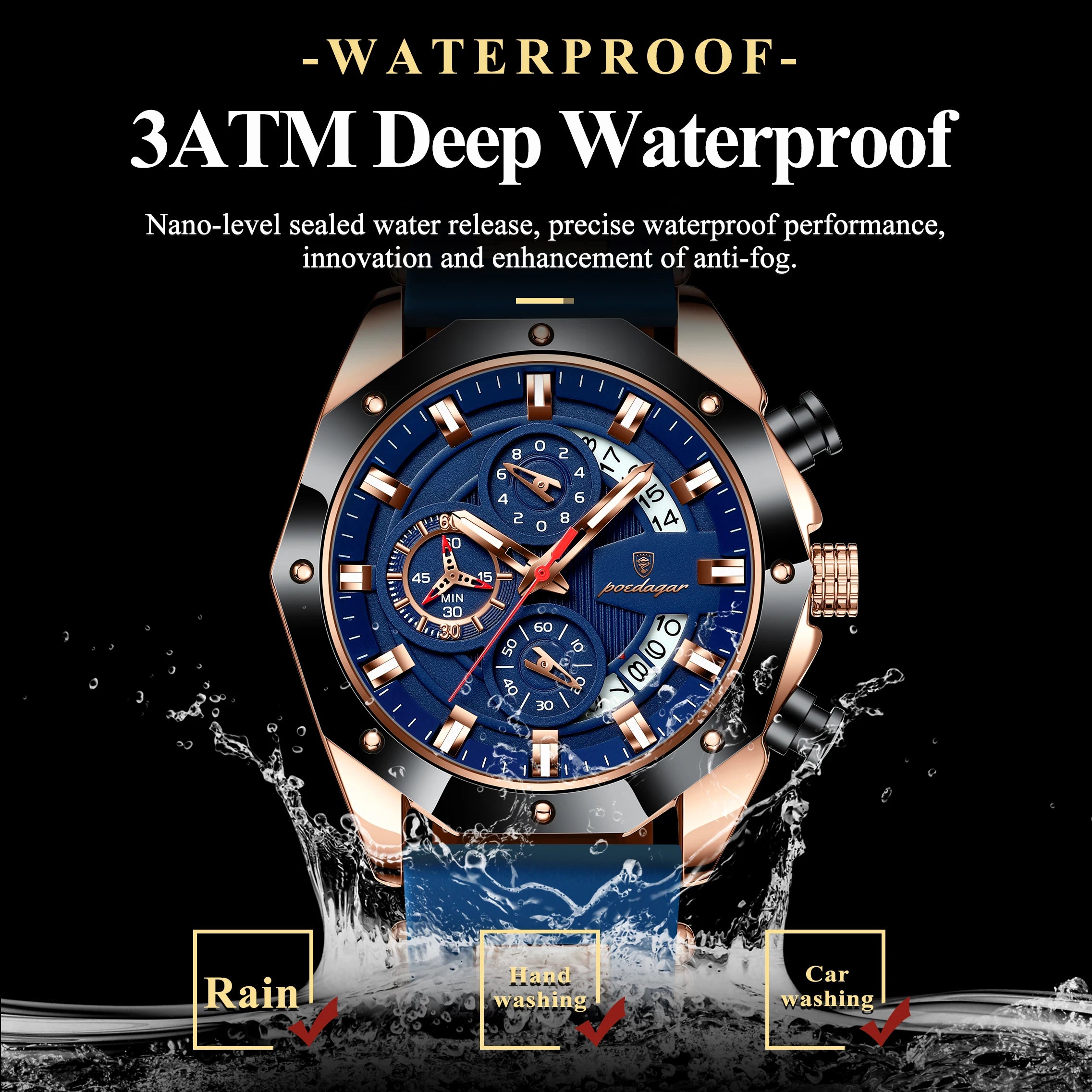 POEDAGAR Luxury Military Men Watch Waterproof Luminous Date Sport Man Wristwatch Chronograph Silicone Strap Quartz Men's Watches