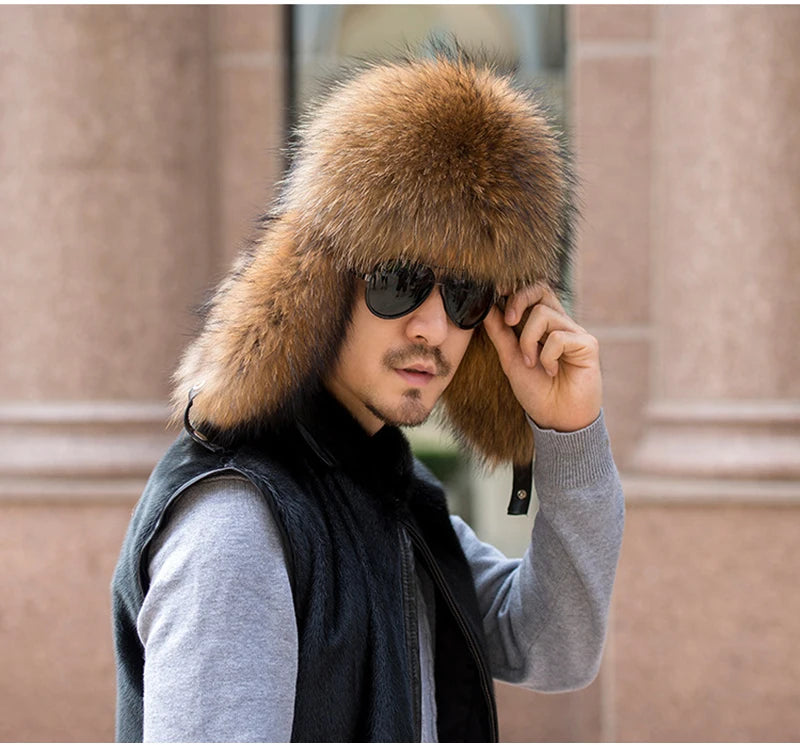 Winter Men's 100% Real Silver Fox Fur Bomber Hat Raccoon Fur Ushanka Cap Trapper Russian Man Ski Hats Caps Real Leather