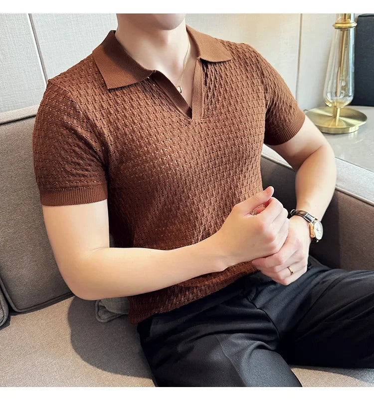 Men's Polo Shirt 2024 Summer New Light and Thin Knitted Hollow Solid Color Casual Short Sleeved V-neck T-shirt Men's Clothing