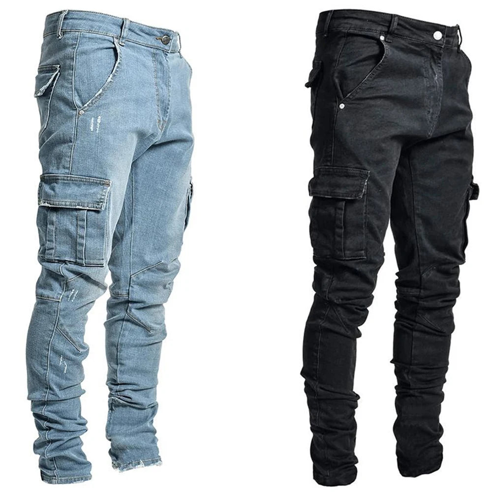 Fashion Streetwear Ripped Skinny Jeans Men Side Mulit Pockets Denim Cargo Pants Slim Fit Pantalones Hombre Soft Elastic Joggers - reetell