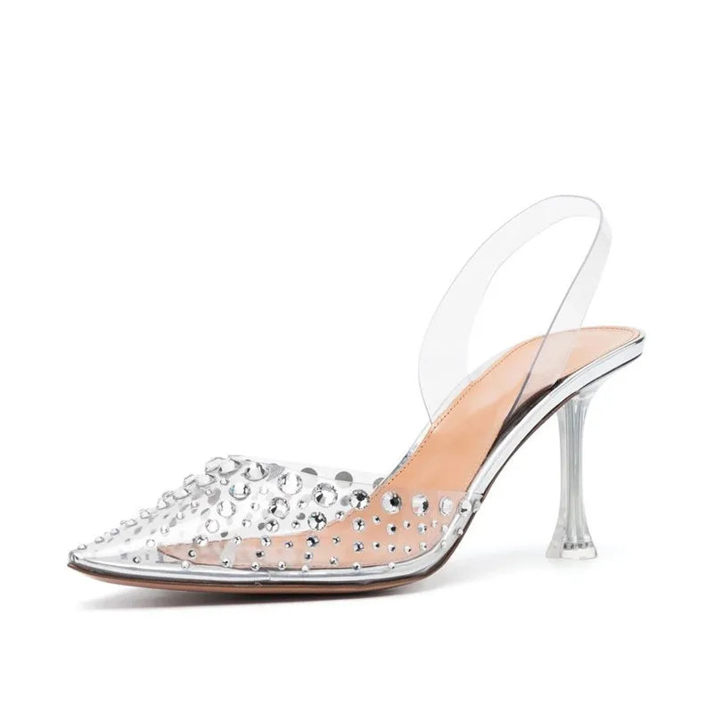 Bling Bling Rhinestones Transparent PVC Women Pumps Fashion Summer Slingbacks Clear Crystal High heels Female Wedding Prom Shoes