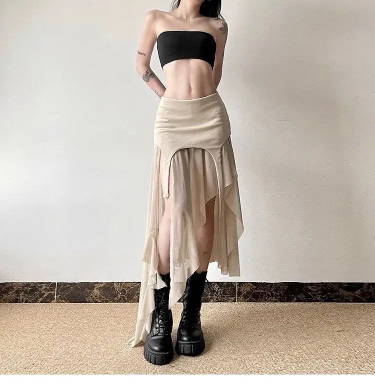 Women Clothes Vintage Y2K Harajuku Aesthetic Fairy Asymmetrical Skirts Summer Female Sexy Split Solid High Waist Slim Midi Skirt - reetell