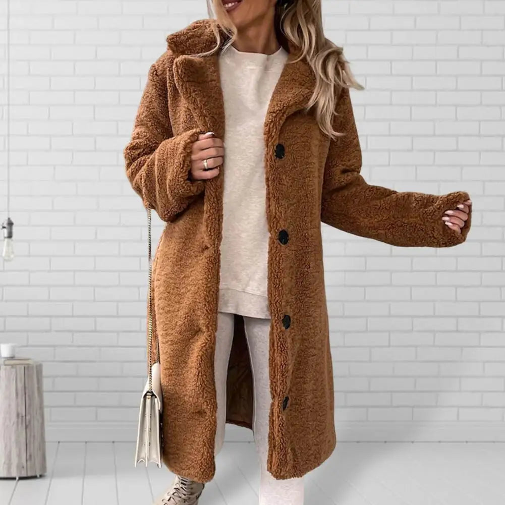 Trendy Women Overcoat Autumn Winter Women Trench Coat Long Style Pure Color Single-breasted Teddy Jacket  Windproof - reetell