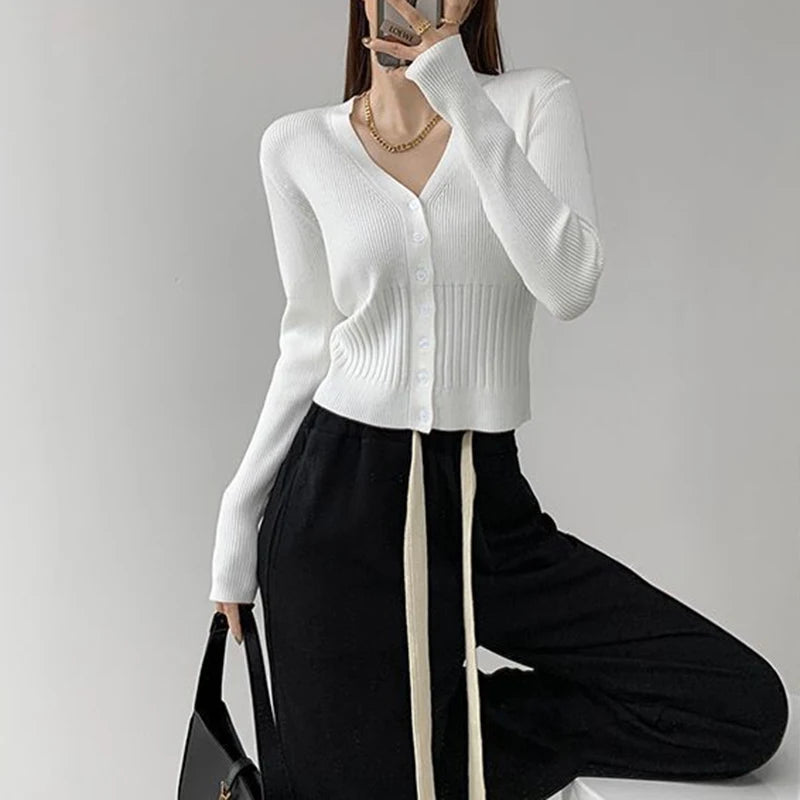 Korean Style Slim Fit Black Cardigan Woman Long Sleeve V Neck Cardigans Women 2024 Chic Solid Color Knitted Crop Tops Female - reetell